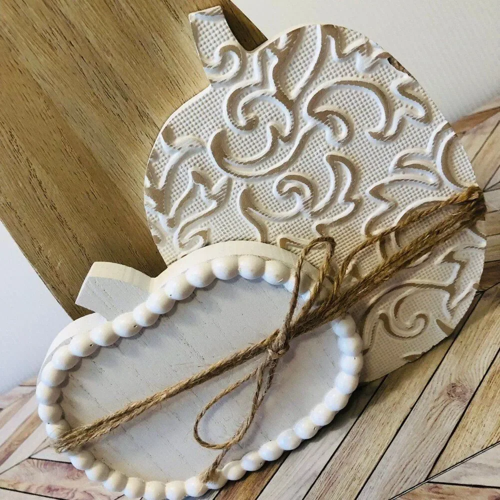 Natural & White Trio Pumpkin Wood Block Décor Fall Thanksgiving Rustic Country